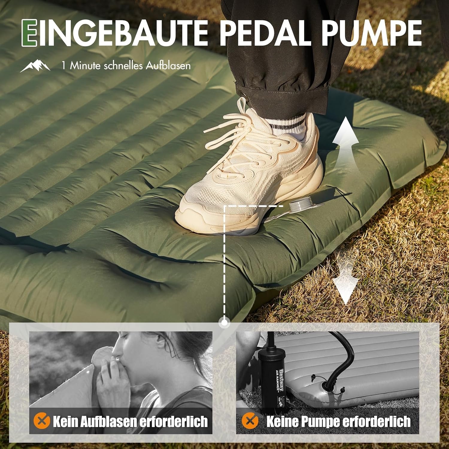 Aufblasbare Camping-Isomatte, 10 cm, Armeegrün - 32% Rabatt