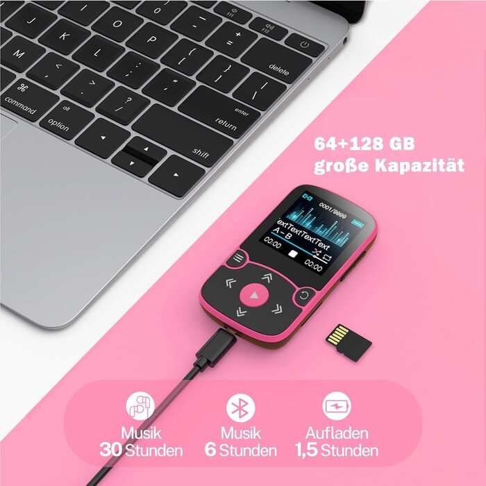Sport MP3-Player 64GB Bluetooth 5.3 Magenta - 33% Rabatt