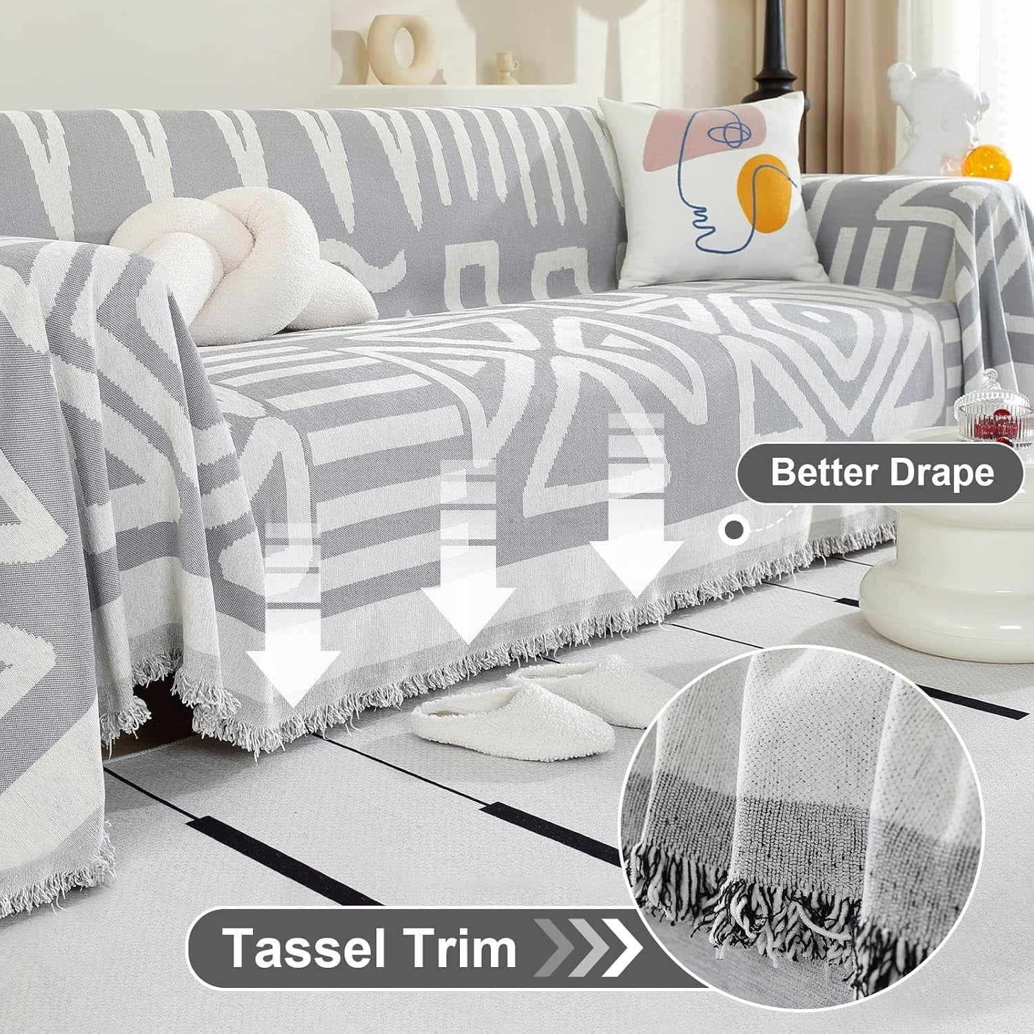 Sofahusse Chenille Grau 180x340 cm - Boho-Stil - 33% Rabatt