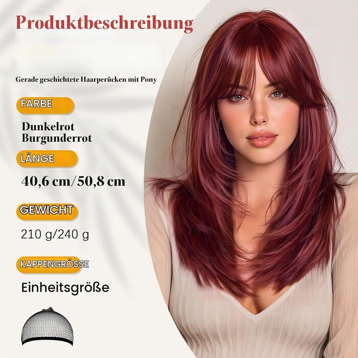 Dunkelrote Perücke mit Pony, 40 cm, gestuft - 30% Rabatt