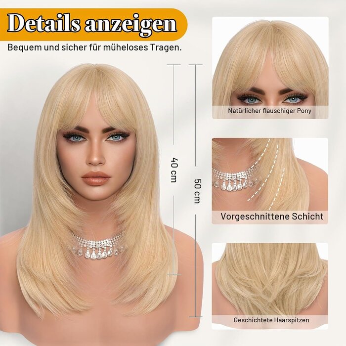 Lange glatte Kunsthaar-Perücke 50 cm Hellblond mit Pony - 31% Rabatt