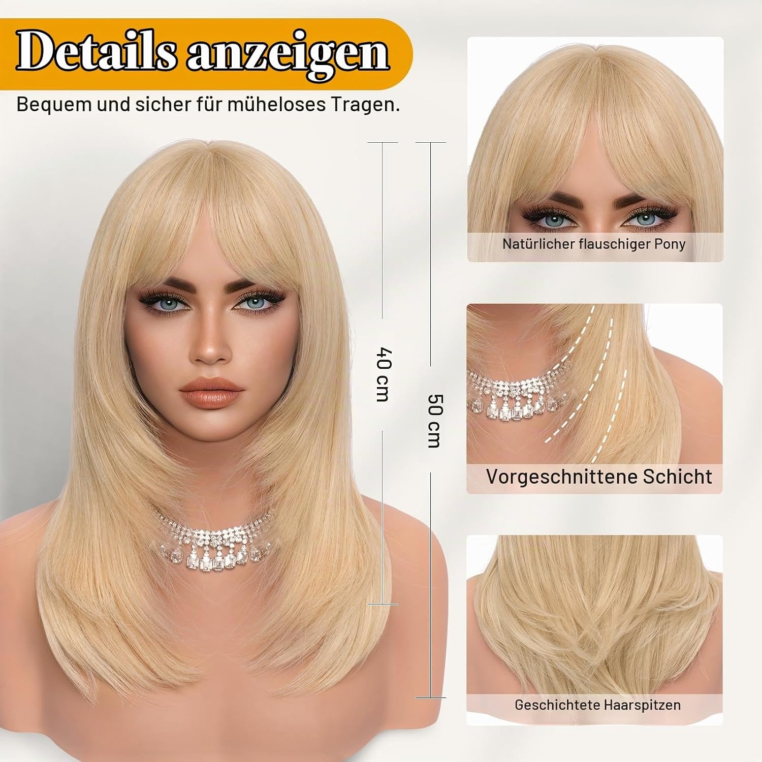 Lange glatte Kunsthaar-Perücke 50 cm Hellblond mit Pony - 31% Rabatt