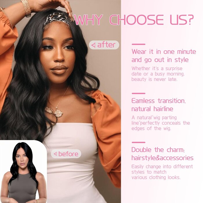 Body Wave Stirnband-Perücke 24 Zoll Schwarz - 31% Rabatt