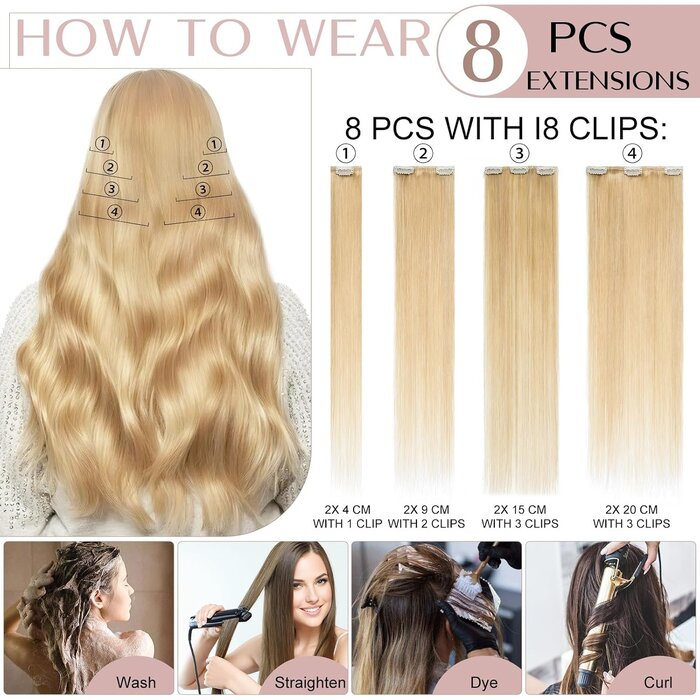Echthaar-Extensions 30 cm, Mittelblond #24, 8-tlg. Set - 32% Rabatt