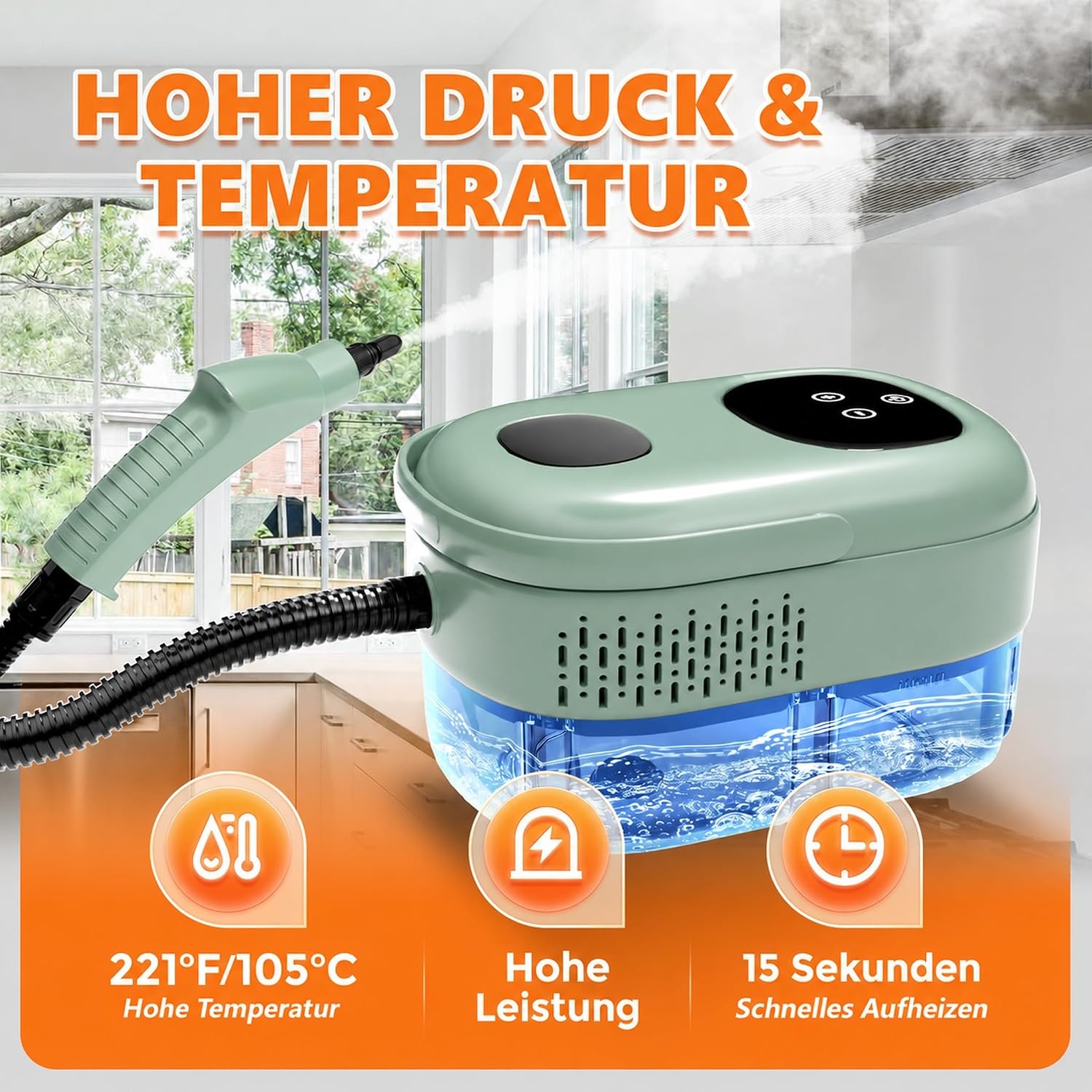 Handdampfreiniger 2500W mit 1,1L Tank - Grün - 33% Rabatt