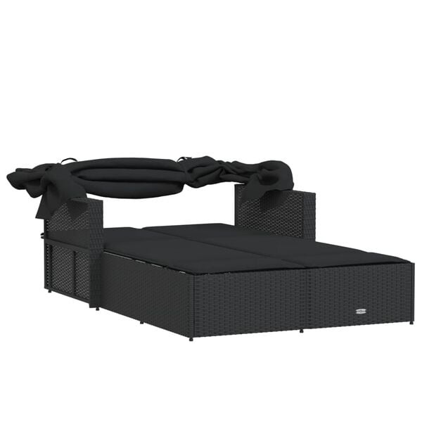Doppelliege mit Sonnendach & Kissen, Poly-Rattan Schwarz - 35% Rabatt