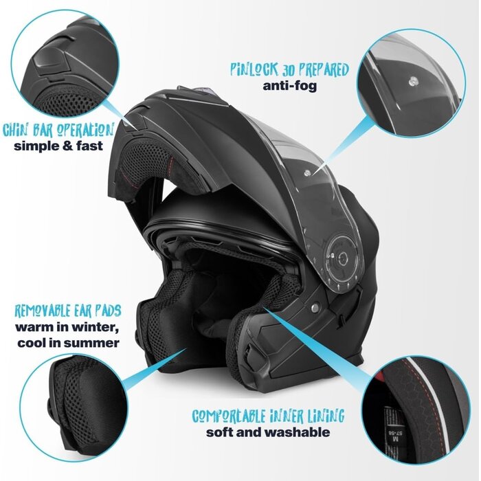 Klapphelm Motorrad Roller ECE 22.06 Mattschwarz 1600g - 34% Rabatt
