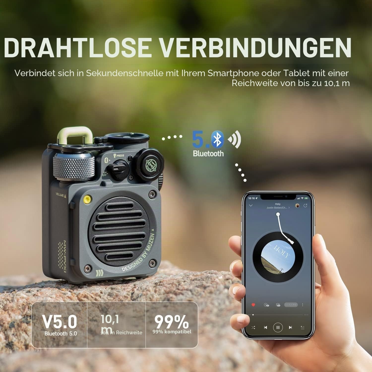 Tragbarer Bluetooth-Lautsprecher IPX5 mit Taschenlampe - 34% Rabatt