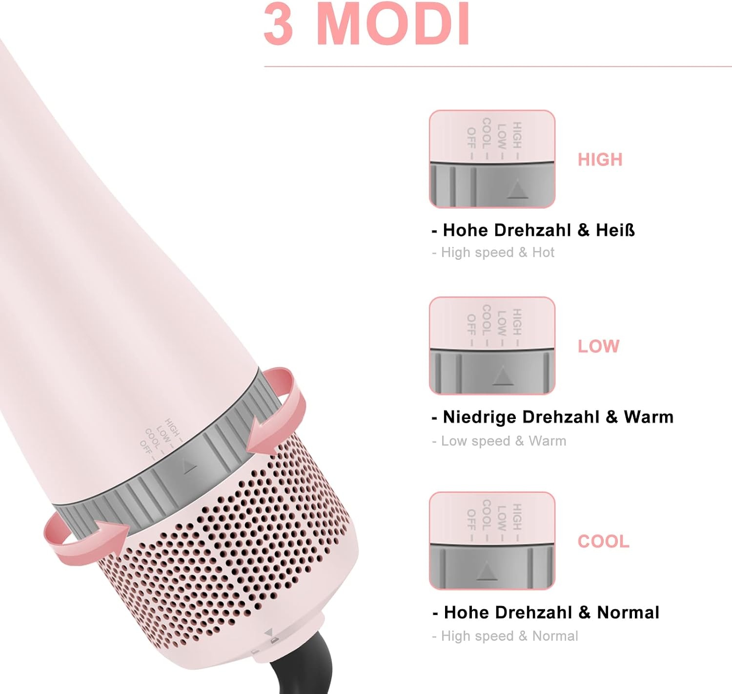4-in-1 Warmluftbürste Ionen-Technologie, 1000W, Rosa - 33% Rabatt