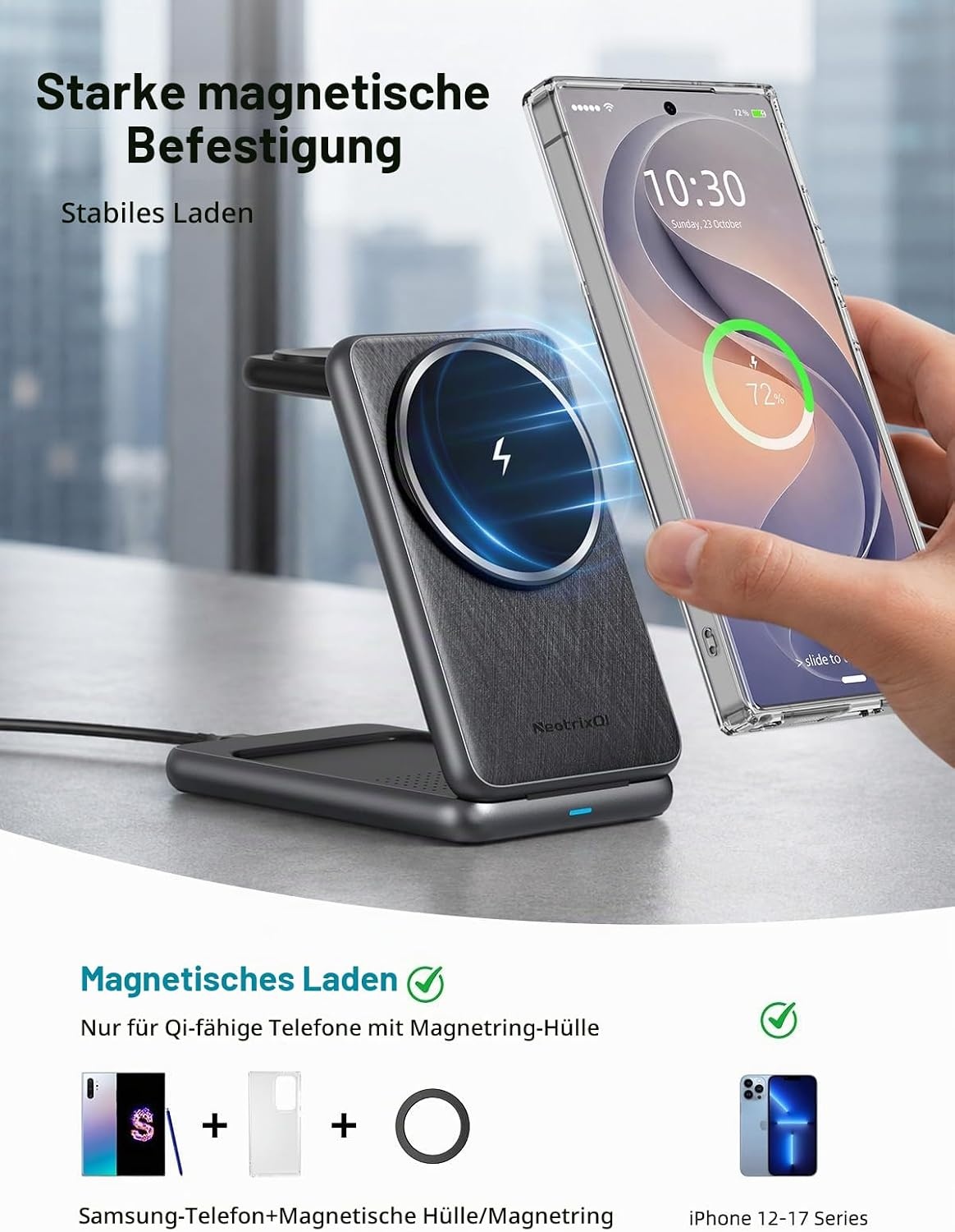 3-in-1 Magnet-Ladegerät, Klappbar, Donker grijs, Größe S, 32% Rabatt