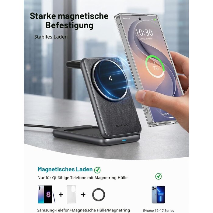 3-in-1 Magnet-Ladegerät, Klappbar, Donker grijs, Größe S, 32% Rabatt