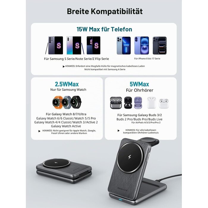 3-in-1 Magnet-Ladegerät, Klappbar, Donker grijs, Größe S, 32% Rabatt