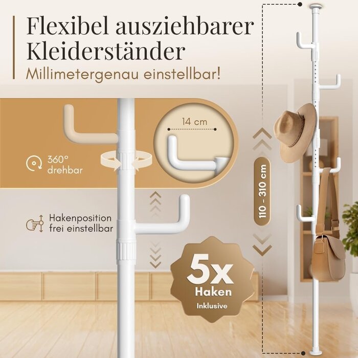 Teleskop-Garderobenständer weiß, 110-310 cm, 5 Haken - 32% Rabatt