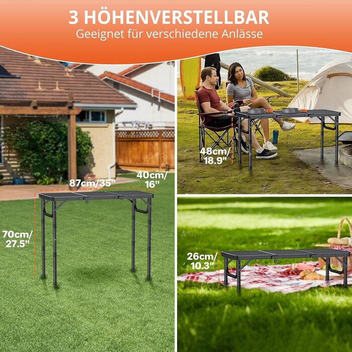 Klappbarer Aluminium Camping-Tisch, 87x40x70cm, 3-fach höhenverstellbar, 33% Rabatt