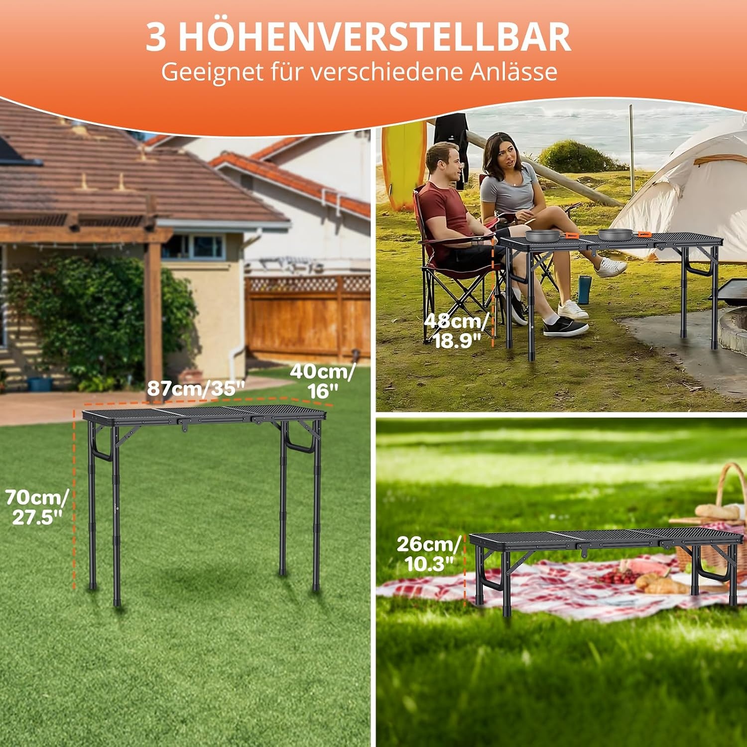 Klappbarer Aluminium Camping-Tisch, 87x40x70cm, 3-fach höhenverstellbar, 33% Rabatt