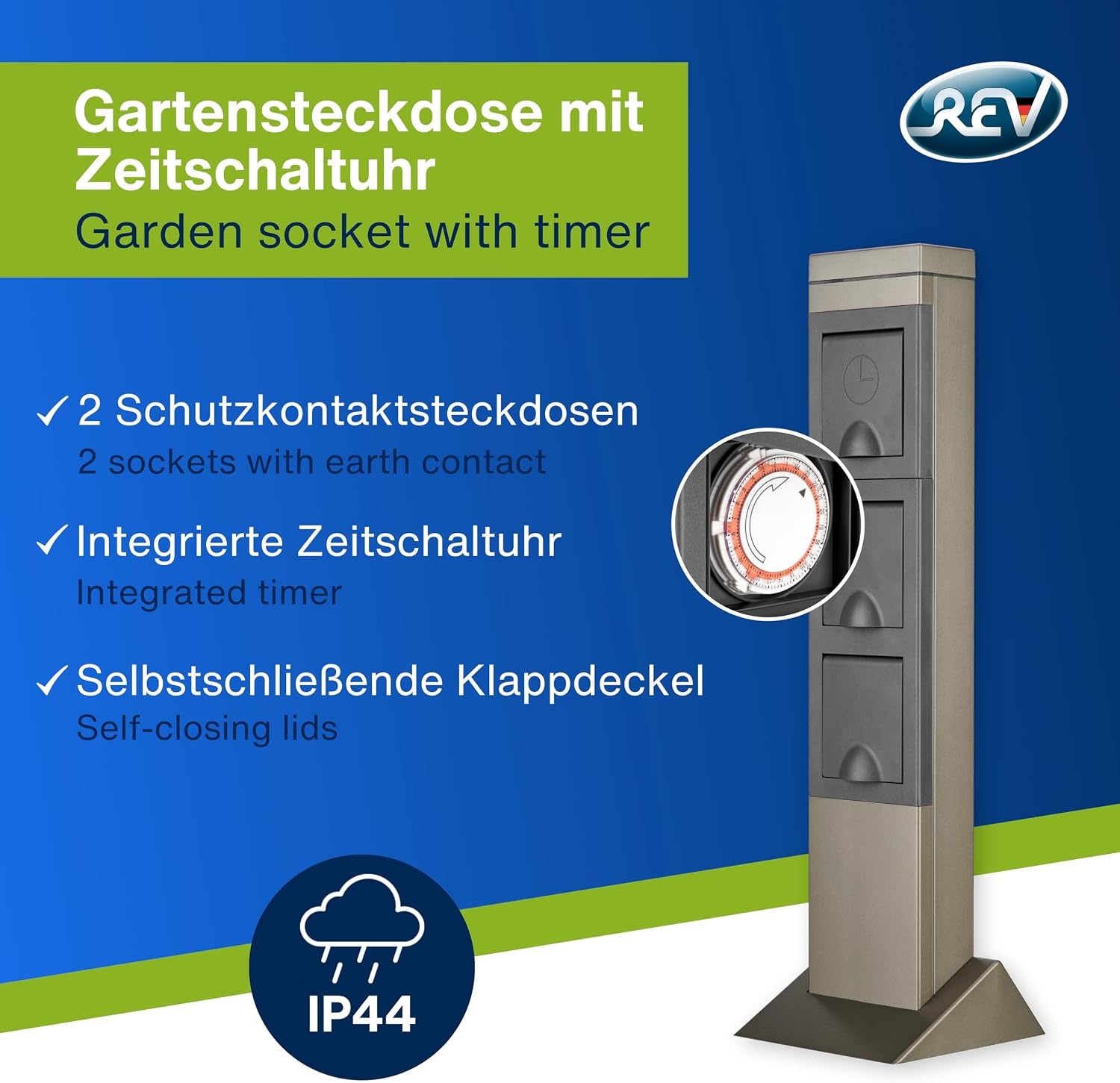 Garten-Steckdosensäule mit Timer 2-fach IP44 Edelstahl - 33% Rabatt