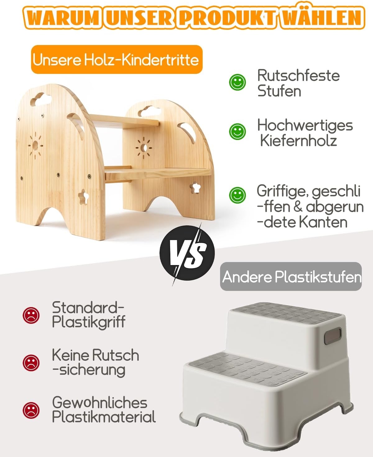 Kinder-Trittschemel aus Kiefernholz, 2 Stufen, Gelb - 27% Rabatt