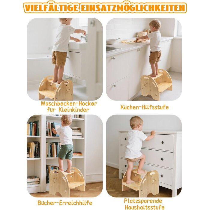 Kinder-Trittschemel aus Kiefernholz, 2 Stufen, Gelb - 27% Rabatt