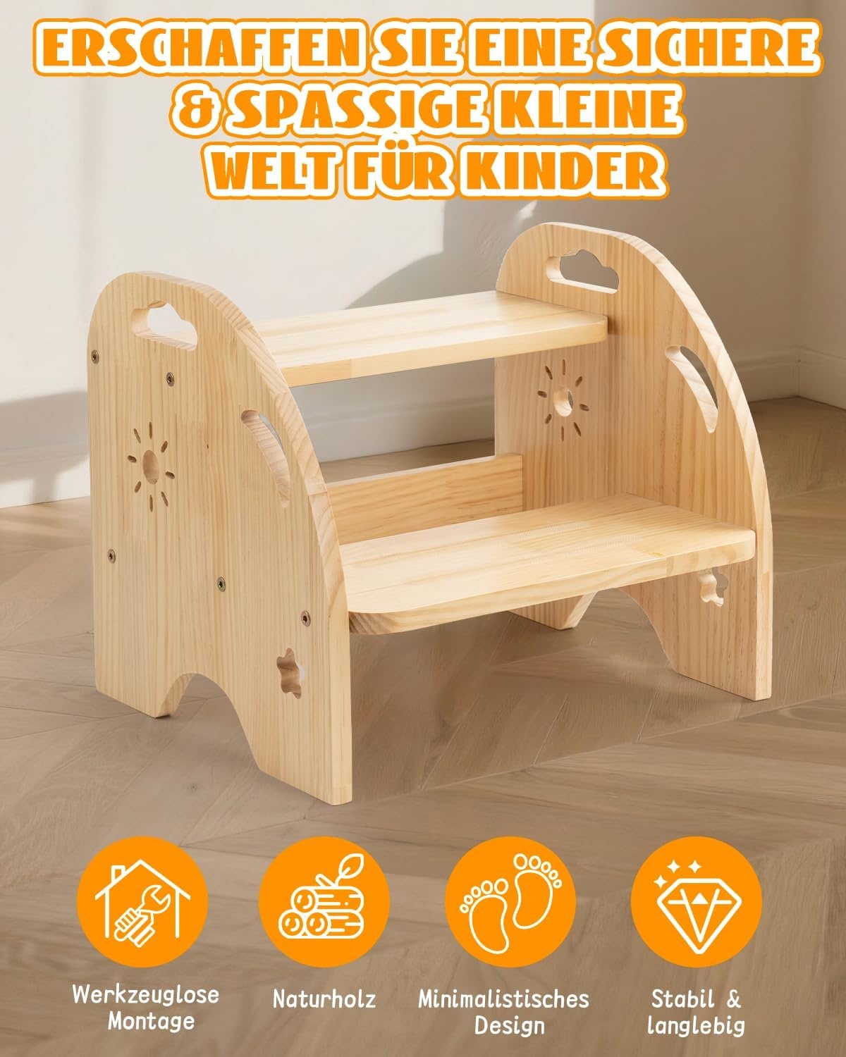 Kinder-Trittschemel aus Kiefernholz, 2 Stufen, Gelb - 27% Rabatt