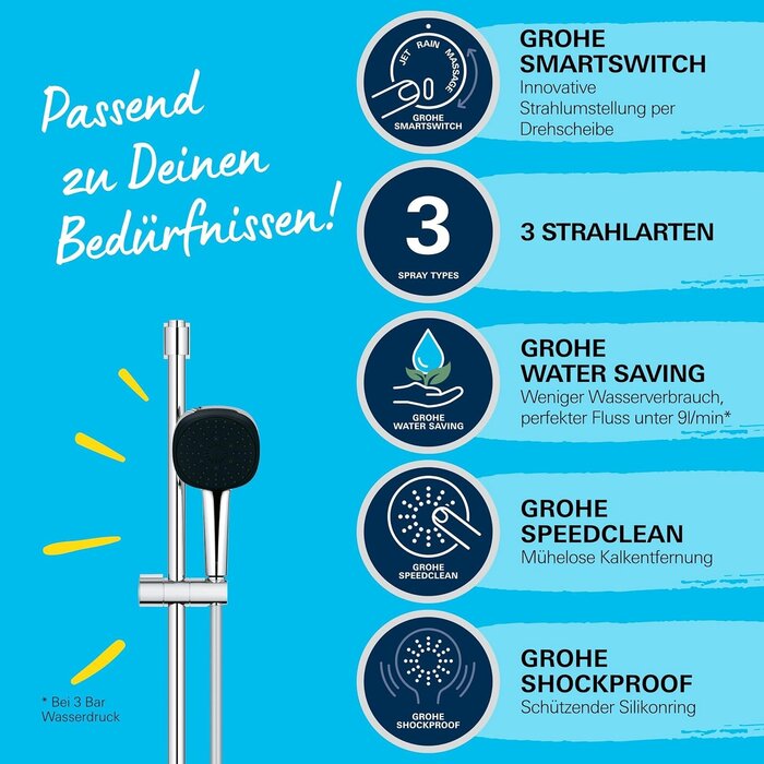 Duschset mit 3 Strahlarten & Handbrause | Chrom | 34% Rabatt