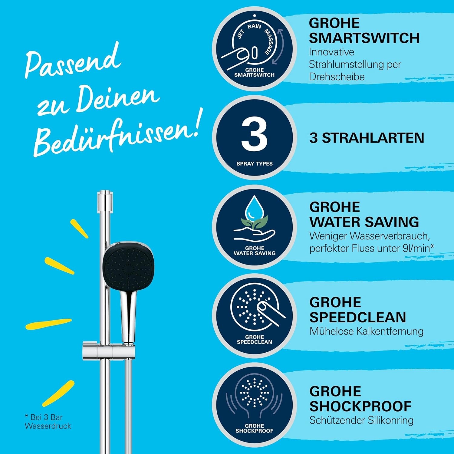 Duschset mit 3 Strahlarten & Handbrause | Chrom | 34% Rabatt