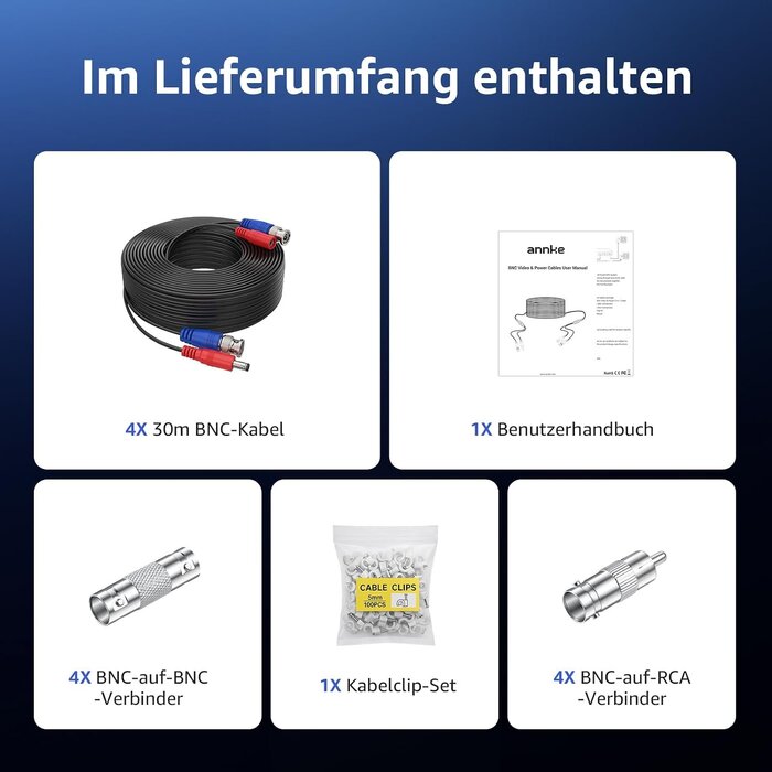 30m CCTV-Kombikabel für Überwachungskameras, 4 Stück, Weiß, 31% Rabatt