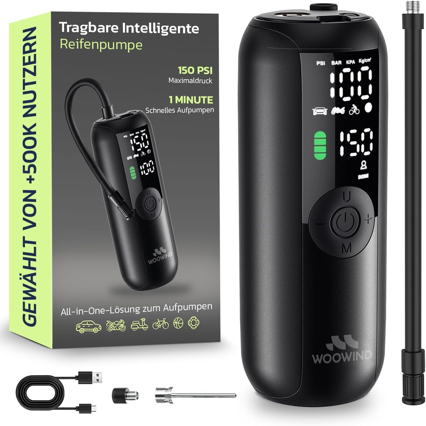 Tragbare elektrische Luftpumpe LP1, Schwarz, S, 150 PSI - 32% Rabatt