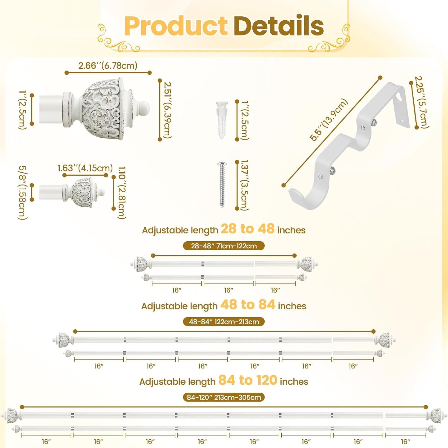 Doppel-Gardinenstange ausziehbar 213-305 cm, Antikweiß - 33% Rabatt
