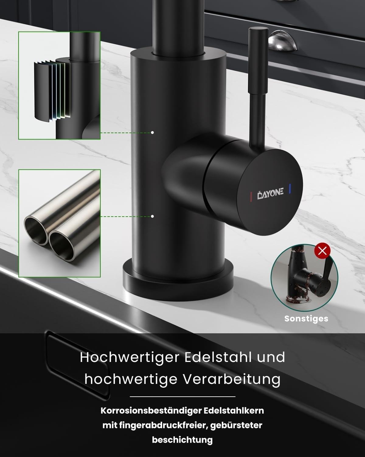 Niederdruck-Küchenarmatur Mattschwarz, 50cm Auszug, 360° schwenkbar - 33% Rabatt