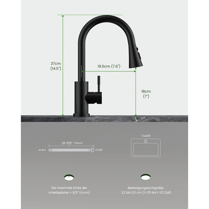 Niederdruck-Küchenarmatur Mattschwarz, 50cm Auszug, 360° schwenkbar - 33% Rabatt