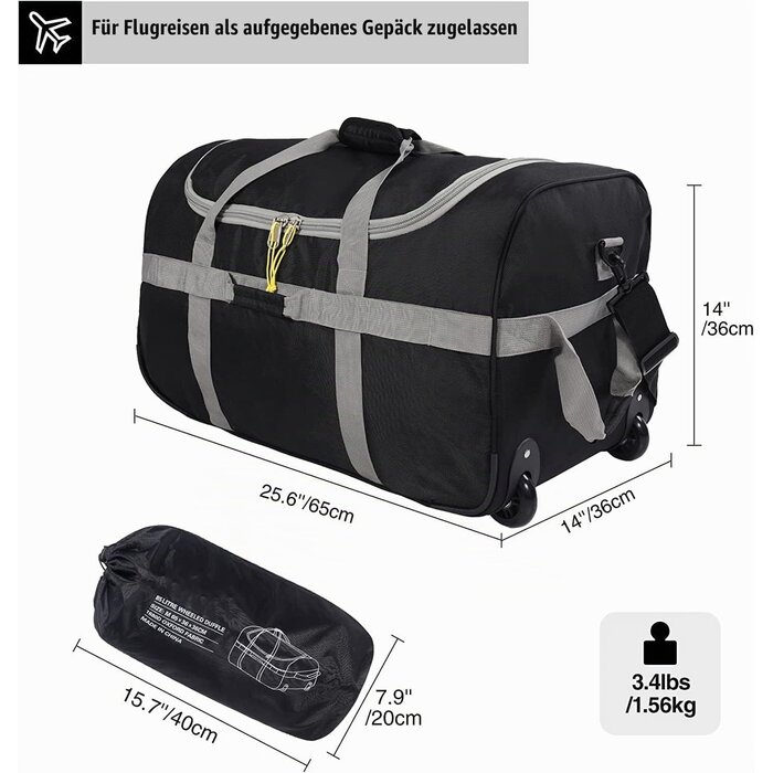 Faltbare Reisetasche mit Rollen 85L Schwarz Grau M - 32% Rabatt