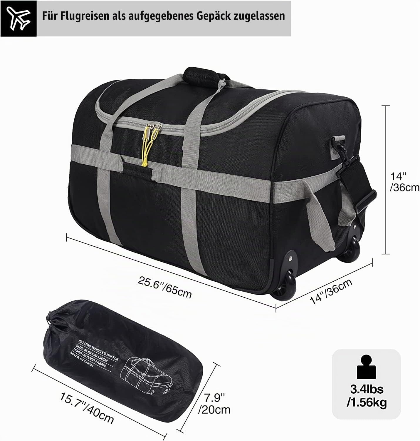 Faltbare Reisetasche mit Rollen 85L Schwarz Grau M - 32% Rabatt