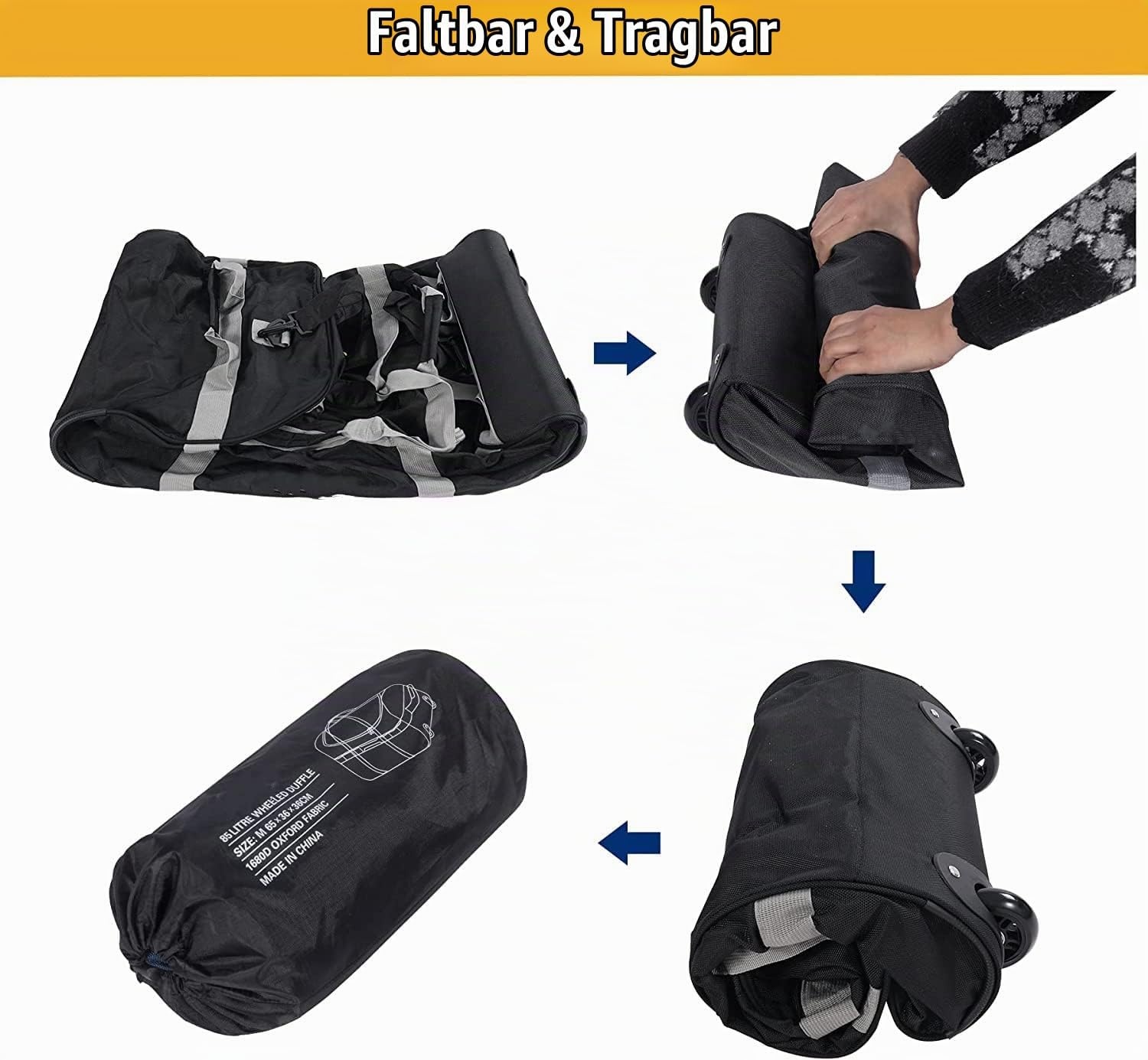 Faltbare Reisetasche mit Rollen 85L Schwarz Grau M - 32% Rabatt