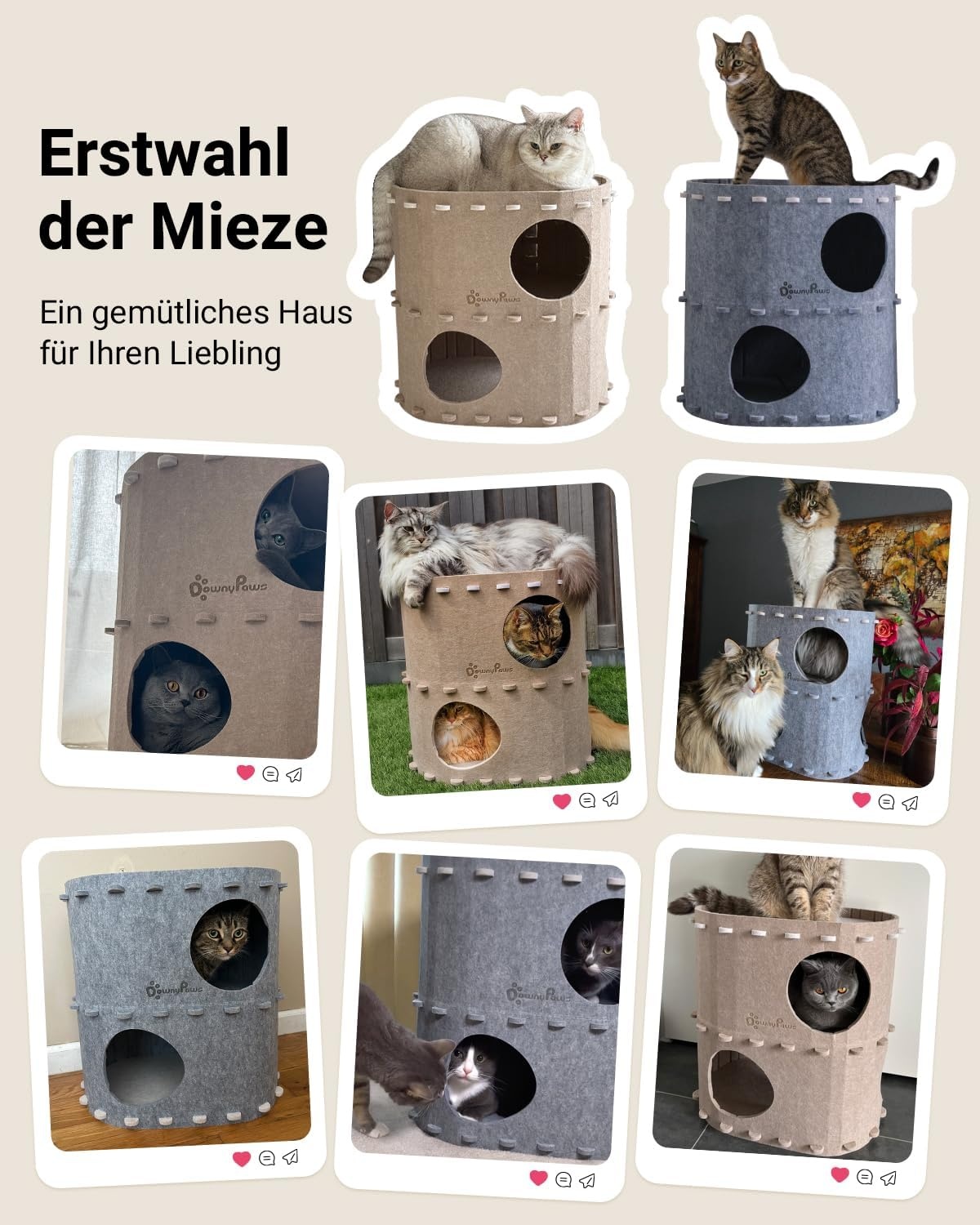 2-stöckiges Katzenhaus aus Filz Grau - 31% Rabatt
