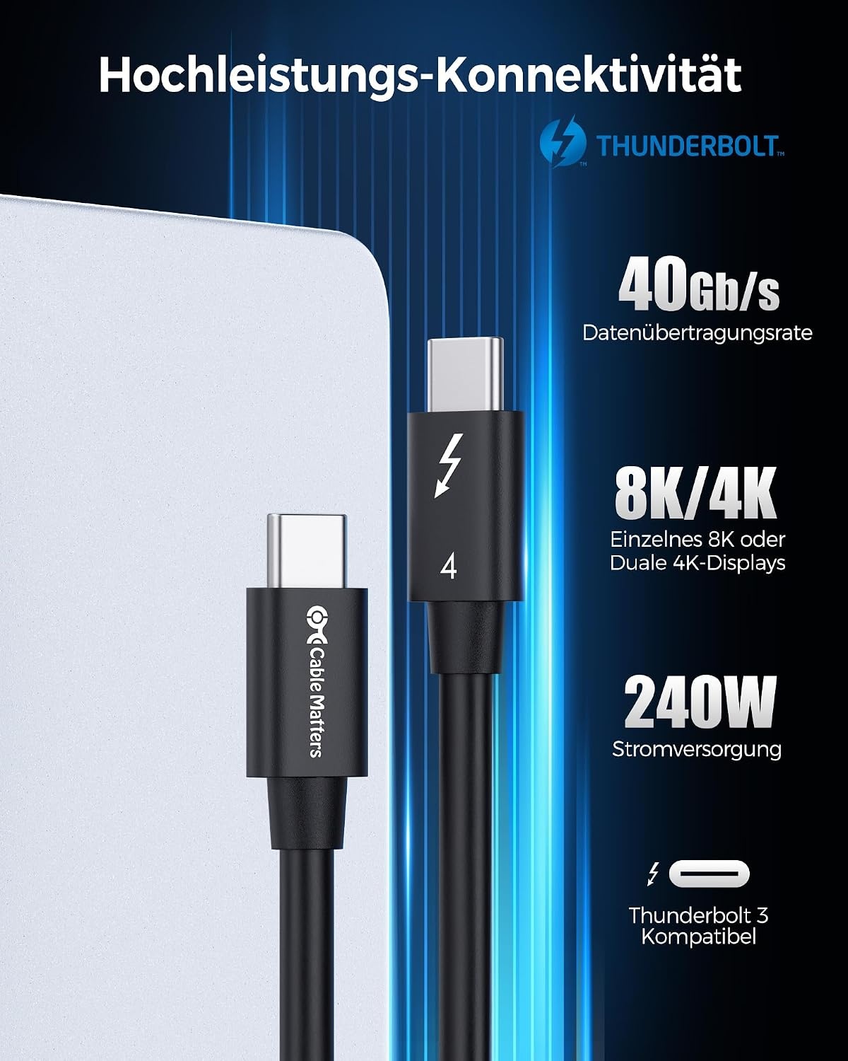 Thunderbolt 4 Kabel 40 Gbit/s 8K 100W 0,8m - 31% Rabatt