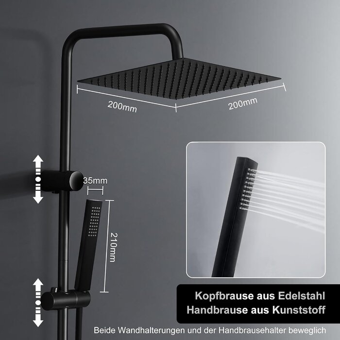 Regenduschsystem mit Ablage Schwarz 20x20 cm - 33% Rabatt