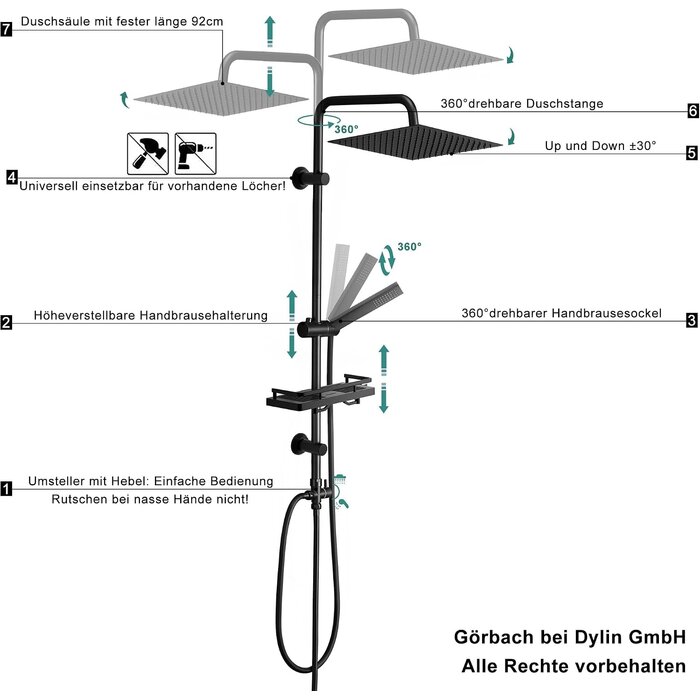Regenduschsystem mit Ablage Schwarz 20x20 cm - 33% Rabatt