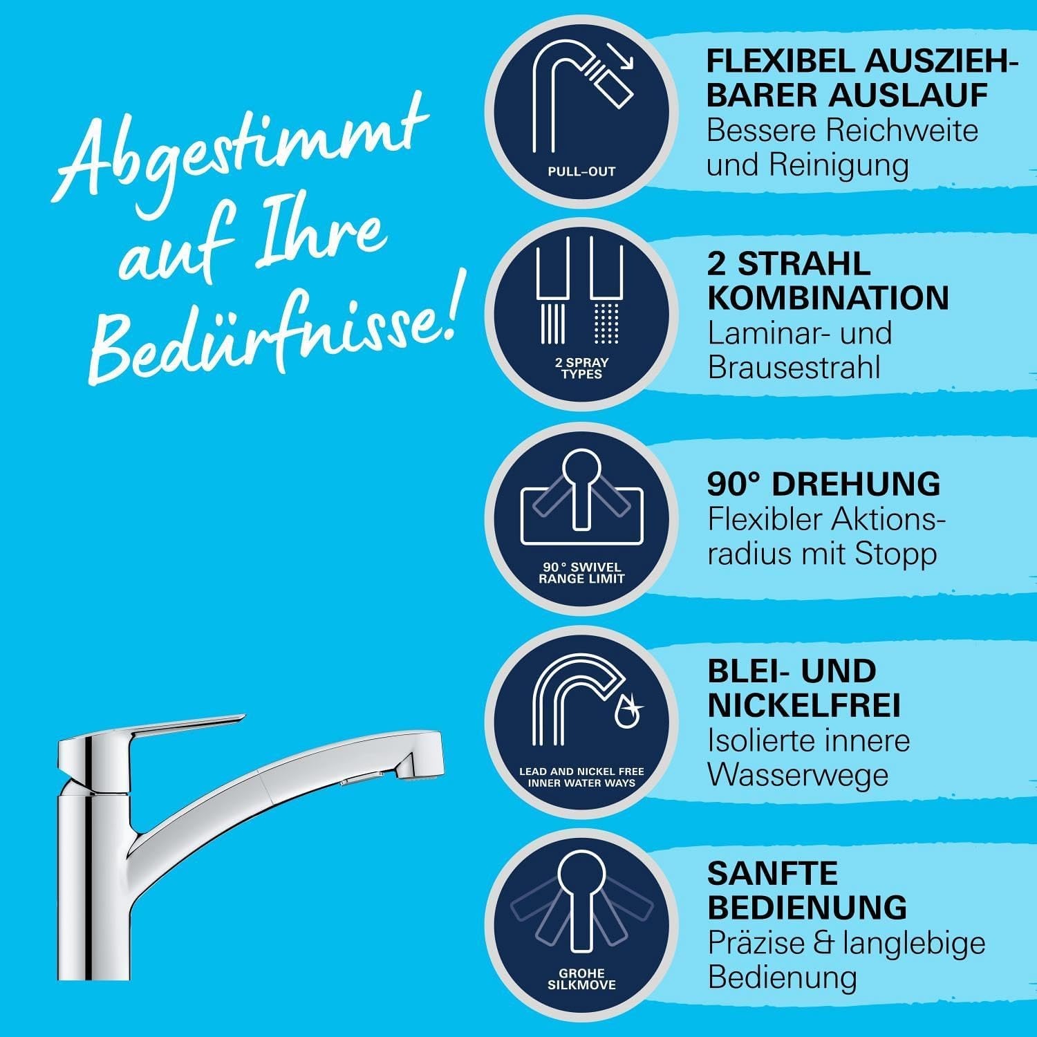Küchenarmatur mit ausziehbarer Brause, Chrom, 90° schwenkbar - 34% Rabatt