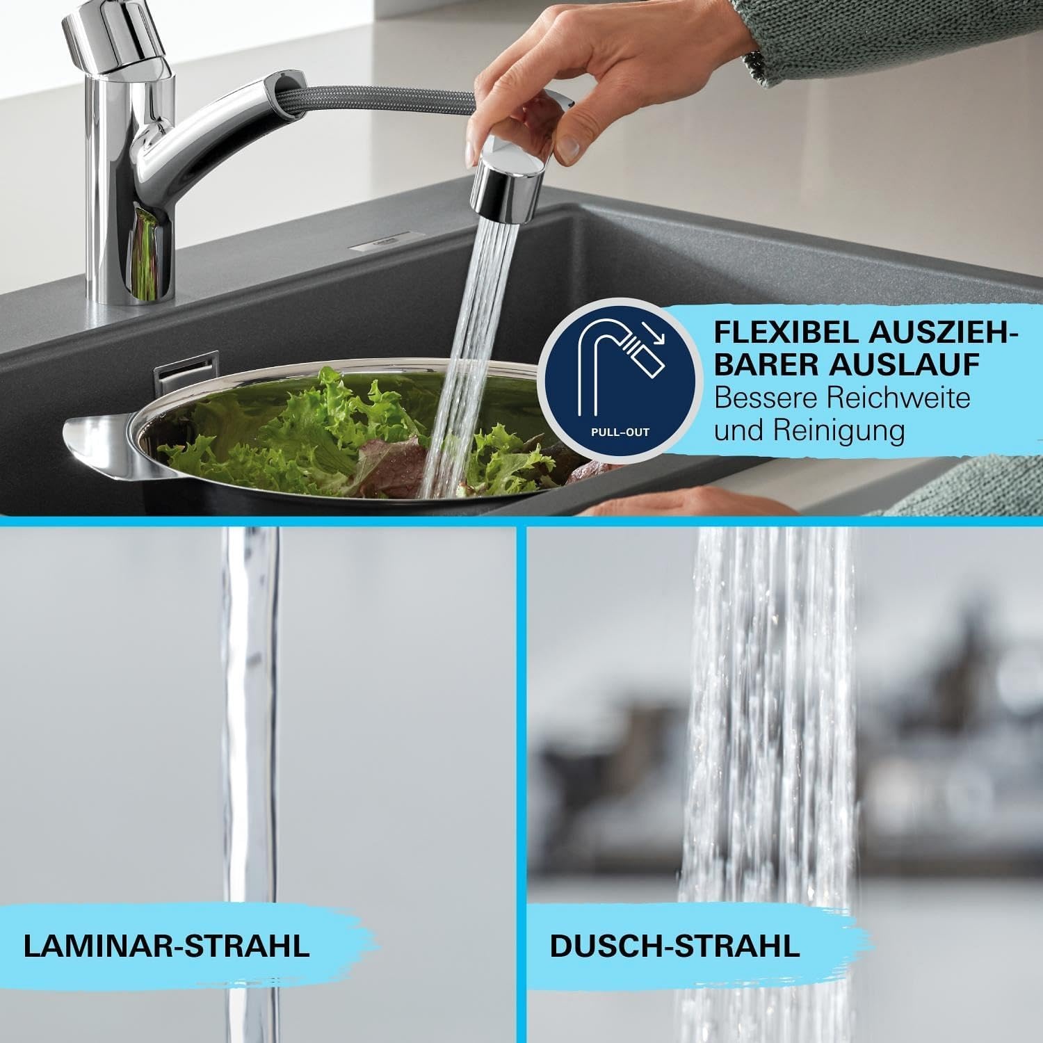 Küchenarmatur mit ausziehbarer Brause, Chrom, 90° schwenkbar - 34% Rabatt