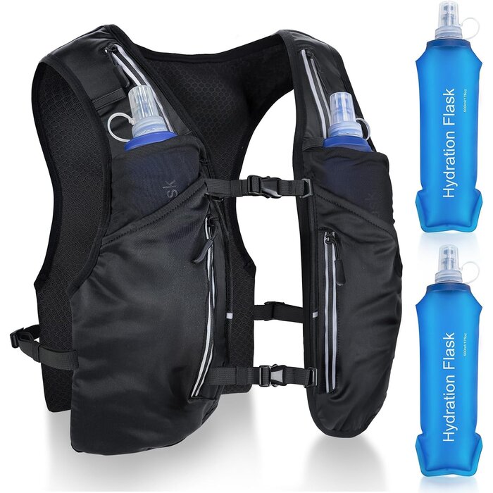 Laufweste mit Trinkflasche & 11 Taschen | 31% Rabatt | Schwarz