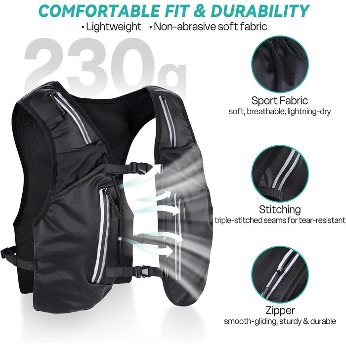 Laufweste mit Trinkflasche & 11 Taschen | 31% Rabatt | Schwarz