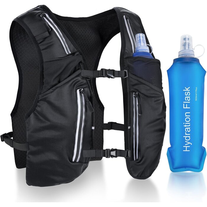 Laufweste mit Trinkflasche & 11 Taschen | 31% Rabatt | Schwarz