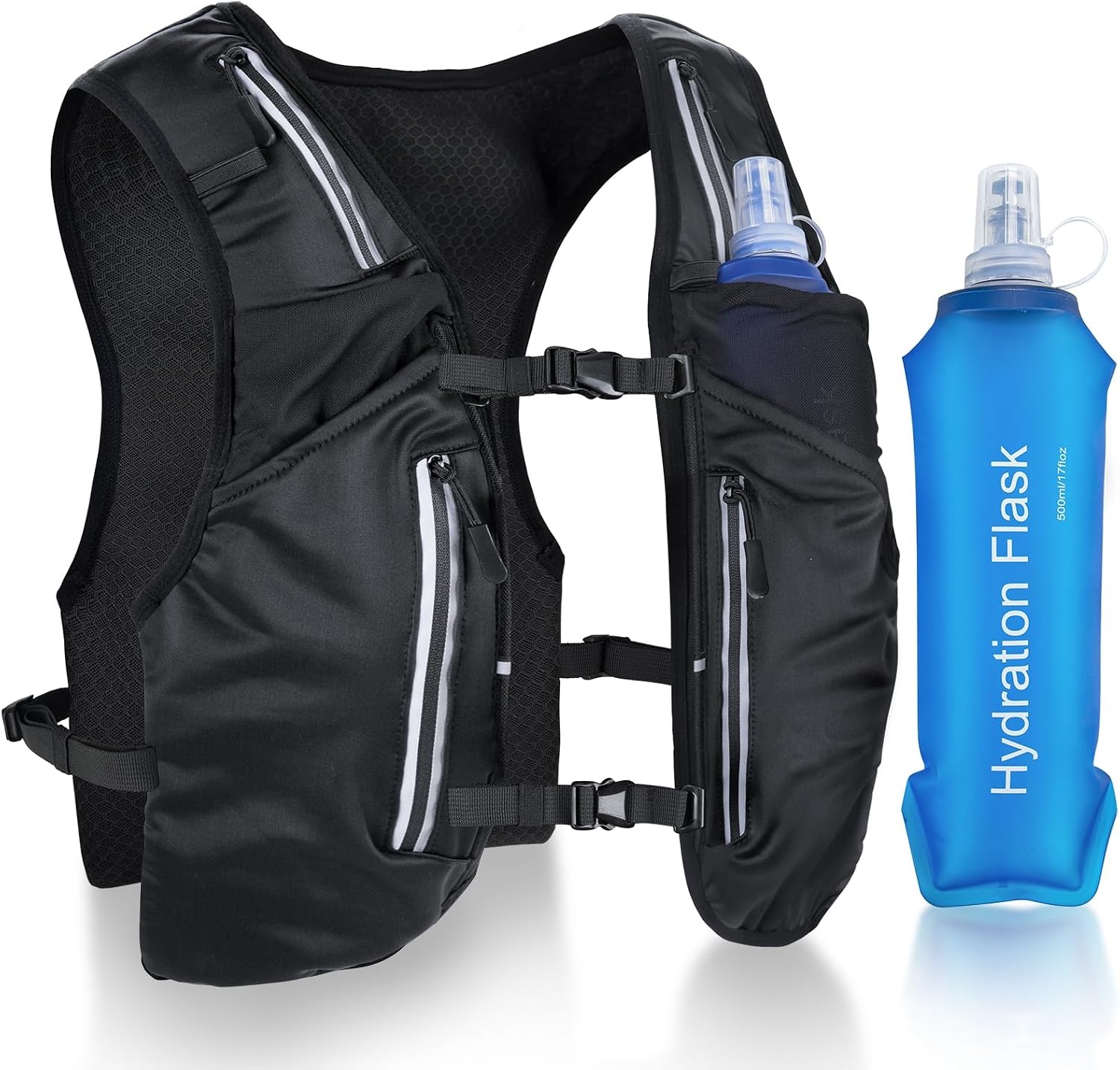 Laufweste mit Trinkflasche & 11 Taschen | 31% Rabatt | Schwarz
