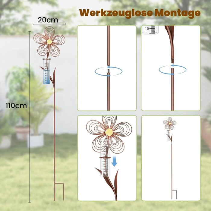 Regenmesser Garten Blumenmotiv 110 cm Rost-Optik - 30% Rabatt