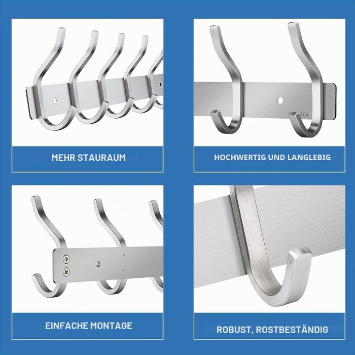 Wandgarderobe Edelstahl 59x8,8cm, 8 Doppelhaken, 2er Set - 32% Rabatt