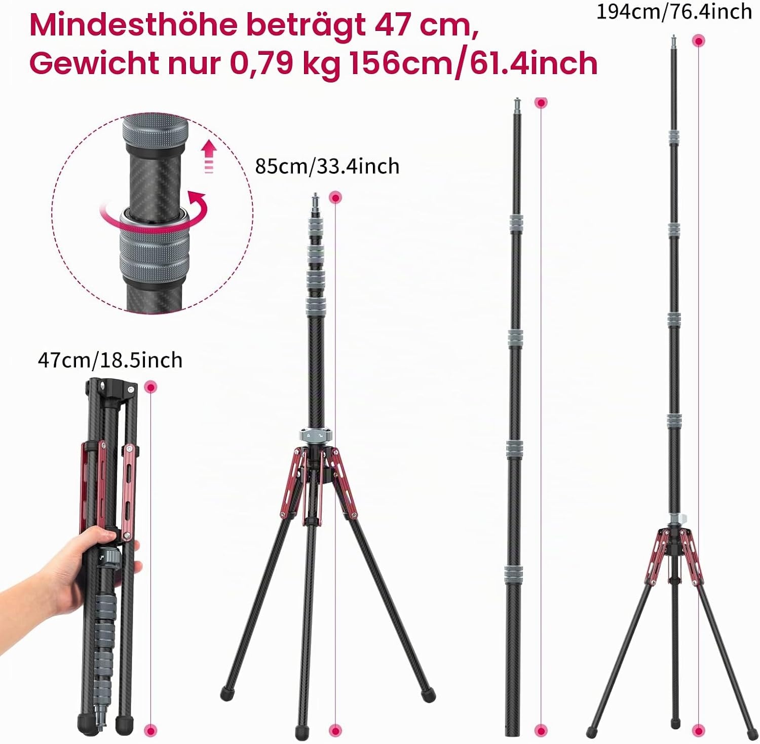 Carbon Lichtstativ, 47-194 cm, mit Handyhalterung - 34% Rabatt