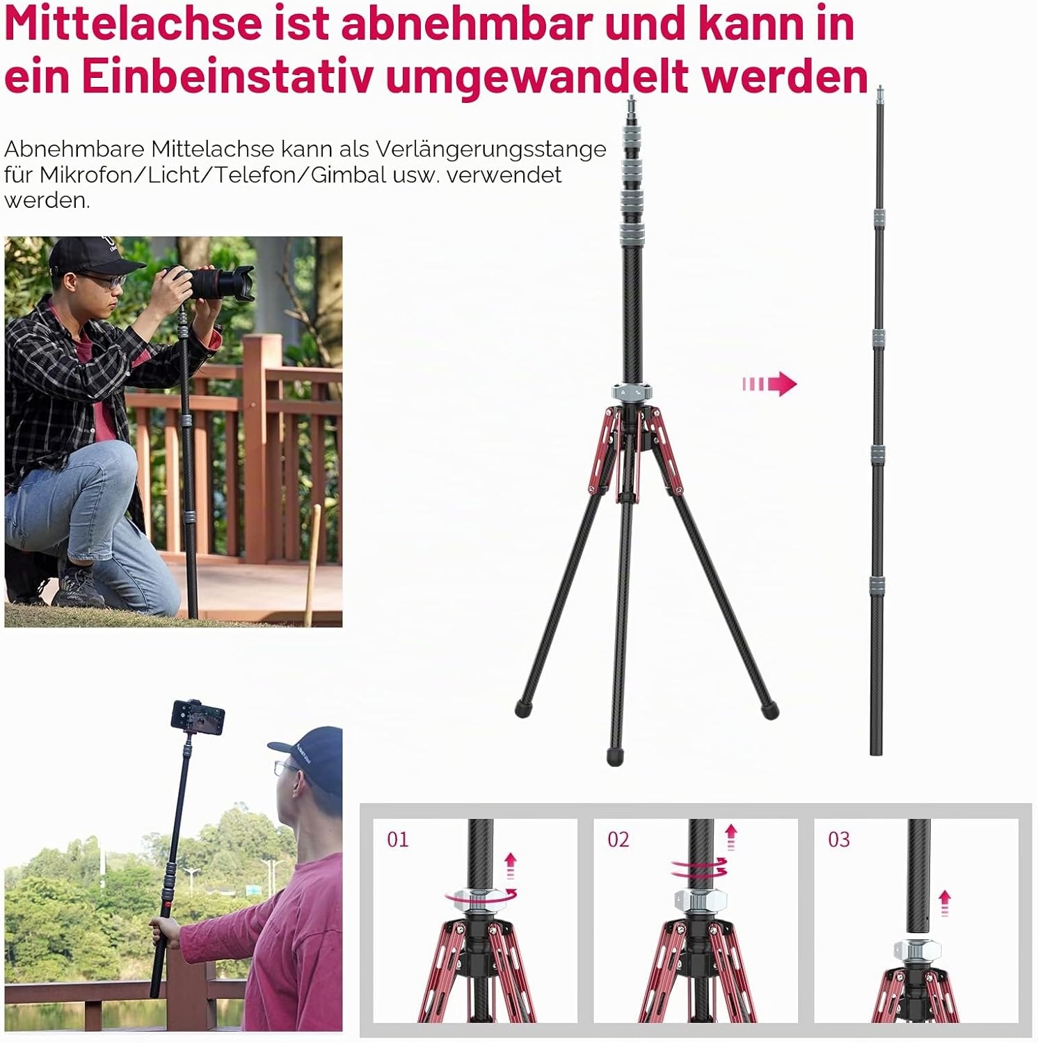 Carbon Lichtstativ, 47-194 cm, mit Handyhalterung - 34% Rabatt