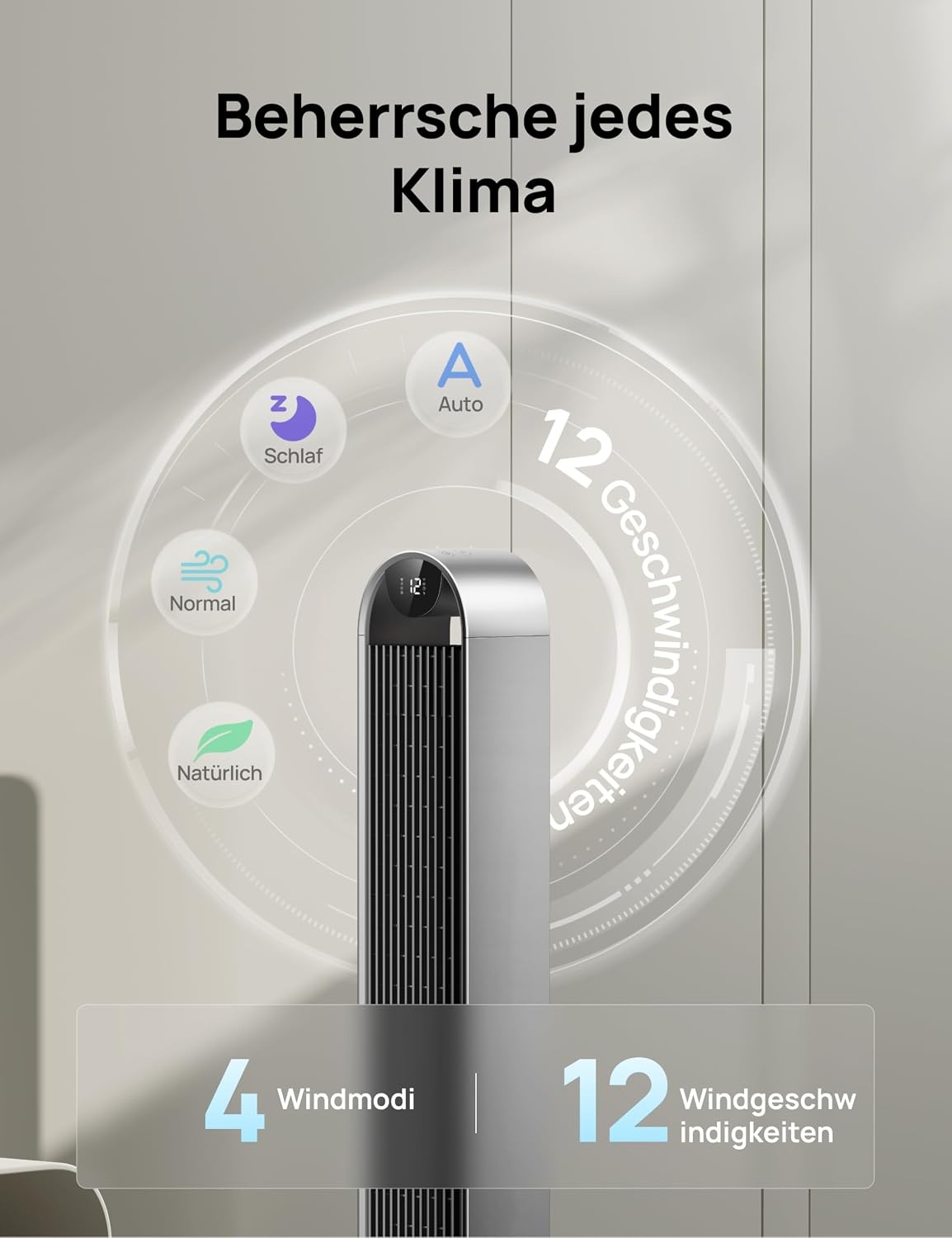 Gelber Turmventilator 106 cm, 12 Geschwindigkeiten, 30% Rabatt