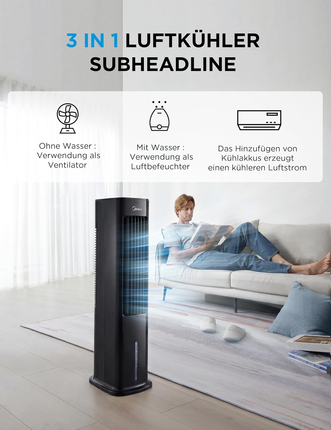 Mobiler 4-in-1 Luftkühler & Ventilator, 5L, Schwarz - 30% Rabatt