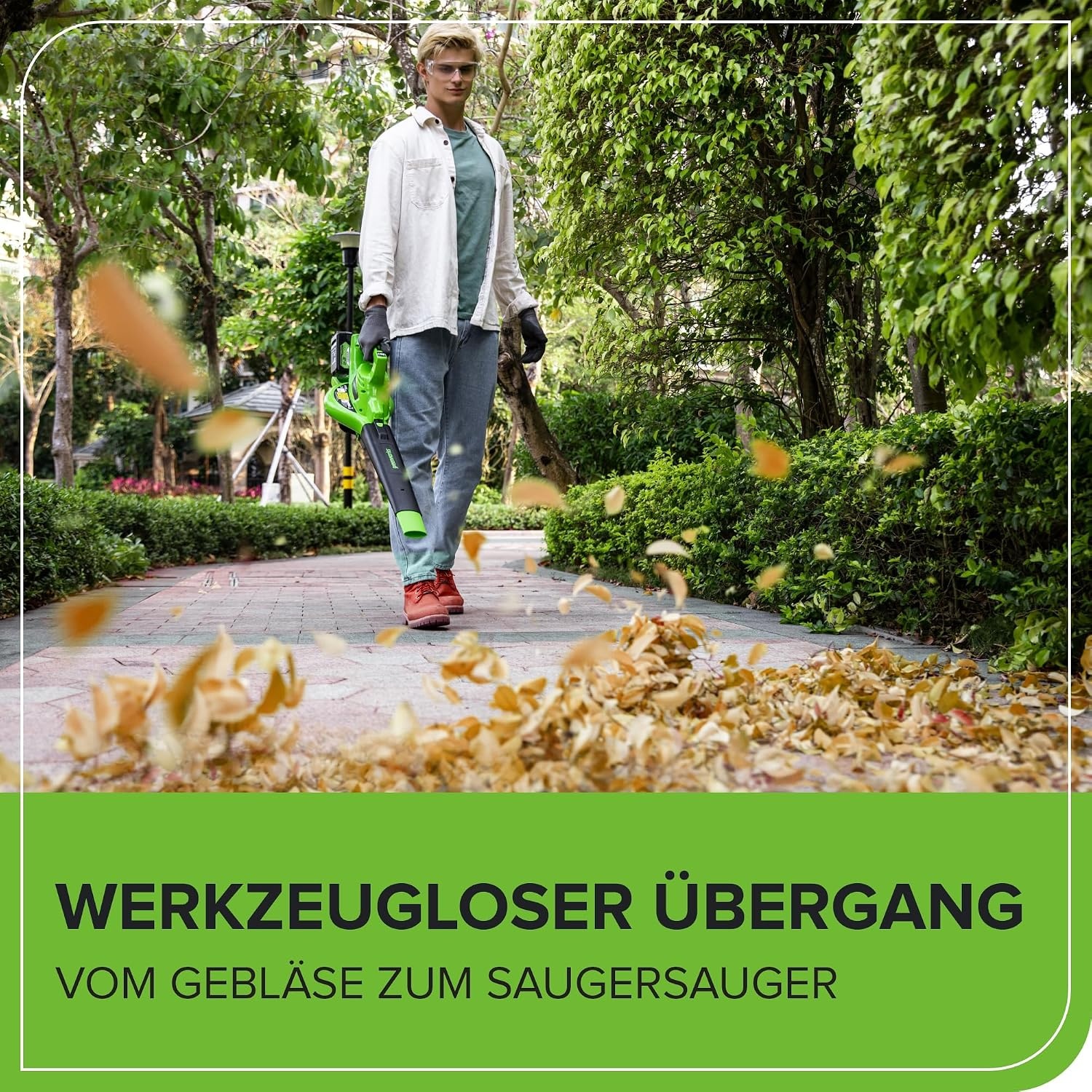 Akku-Laubbläser 48V (2x24V) mit 2x4Ah Akkus, grün-schwarz, M, 35% Rabatt